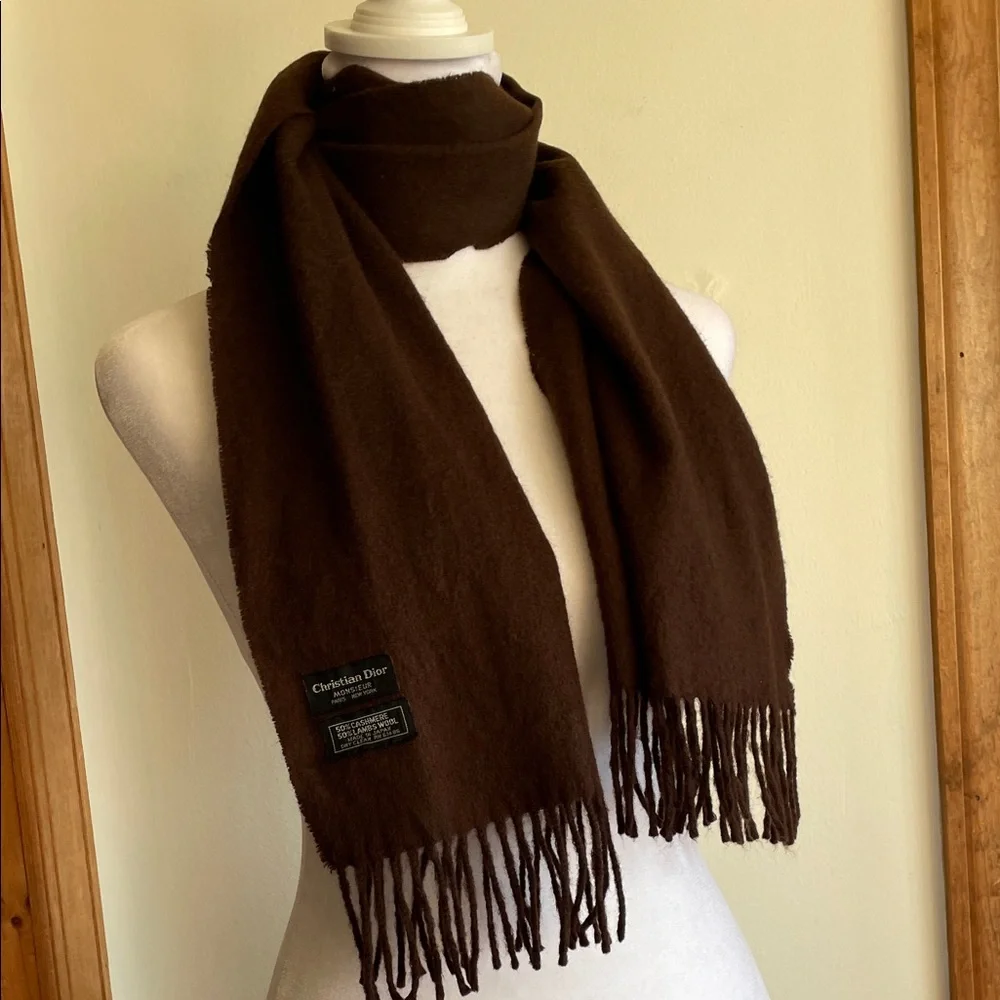 CHRISTIAN DIOR Cashmere Wool Blend Muffler Scarf in Deep Brown Vintage